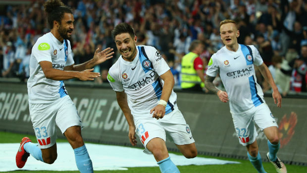 Melbourne City striker Bruno Fornaroli celebrates scoring against Perth Glory at AAMI Park.